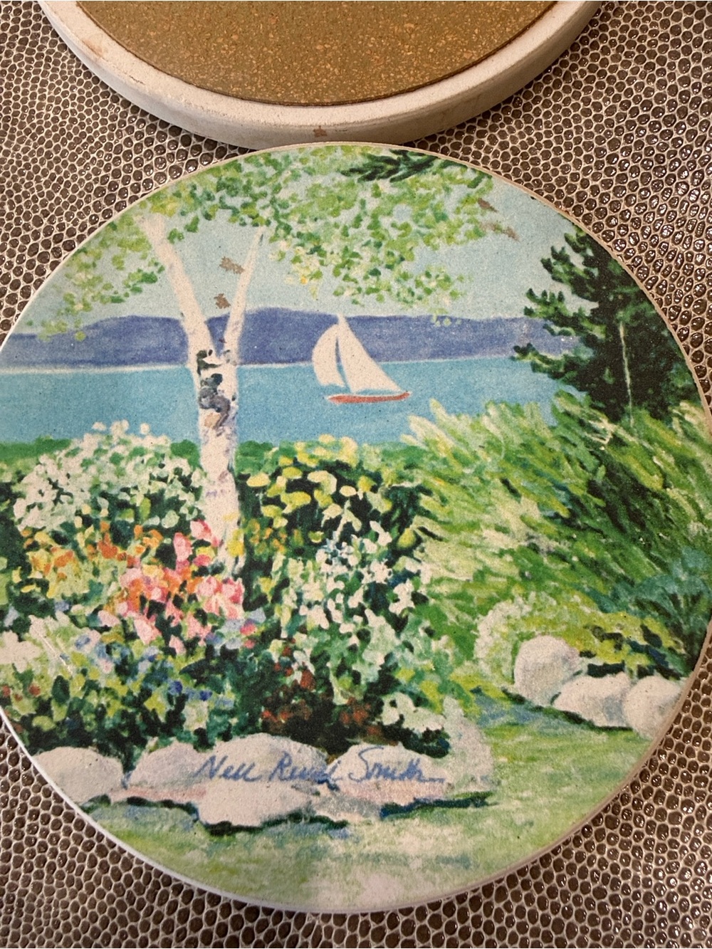 Scenic signed Coastal Floral Round Stone Coasters - Set of 4 - Picture 8 of 10